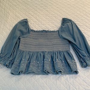 Square neck chambray smocked top